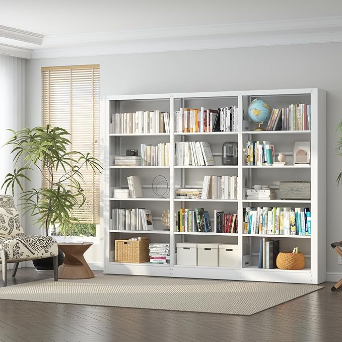 Industrial 5-Tier White Metal Bookshelf - Tall Freestanding Organizer for Living Room, Bedroom &amp; Home Office