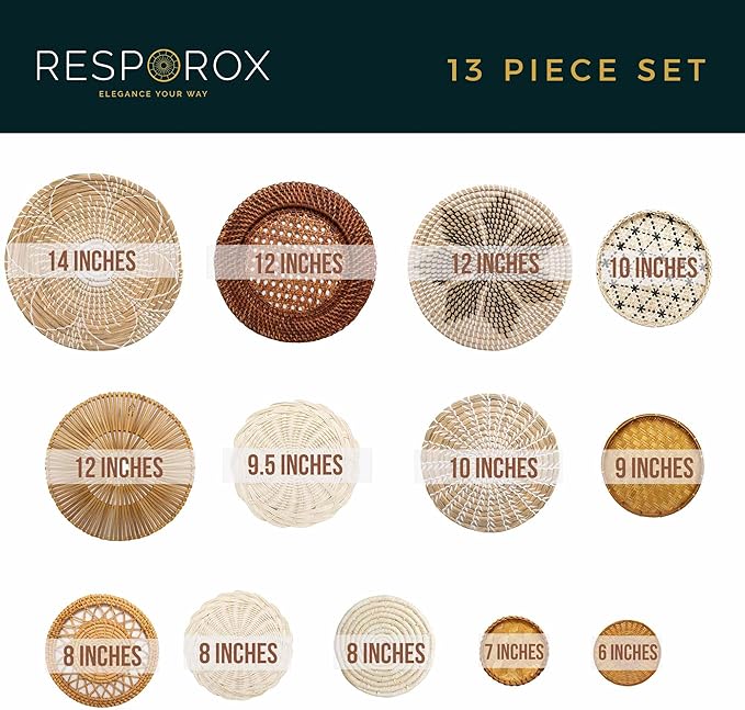RESPOROX ELEGANCE YOUR WAY Set of 13 Hanging Woven Baskets for Wall Decor - Handcrafted Bamboo, Rattan &amp; Seagrass Baskets come with Hanger Nails, Marking Pencil &amp; Templates