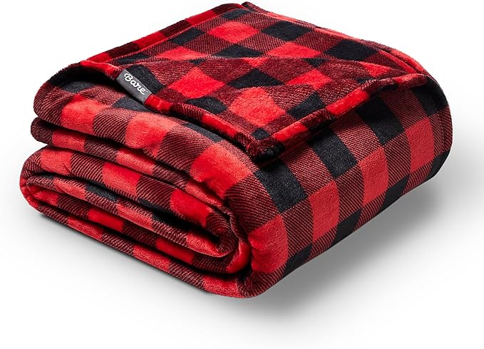 Bare Home Textured Fleece Blanket - Throw/Travel - Ultra-Soft Lightweight for Bed, Sofa, and Couch - Luxury Microplush - Cozy Warm Blanket (Throw/Travel, Buffalo Plaid - Red/Black)
