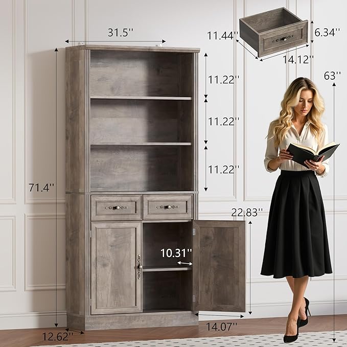 71.4" Tall Bookshelf with Drawers &amp; Cabinet, 5-Tier Floor Standing Bookcase with Storage Doors, Adjustable Shelves &amp; Metal Handles, 31.5" Wide Organizer for Home Office, Living Room