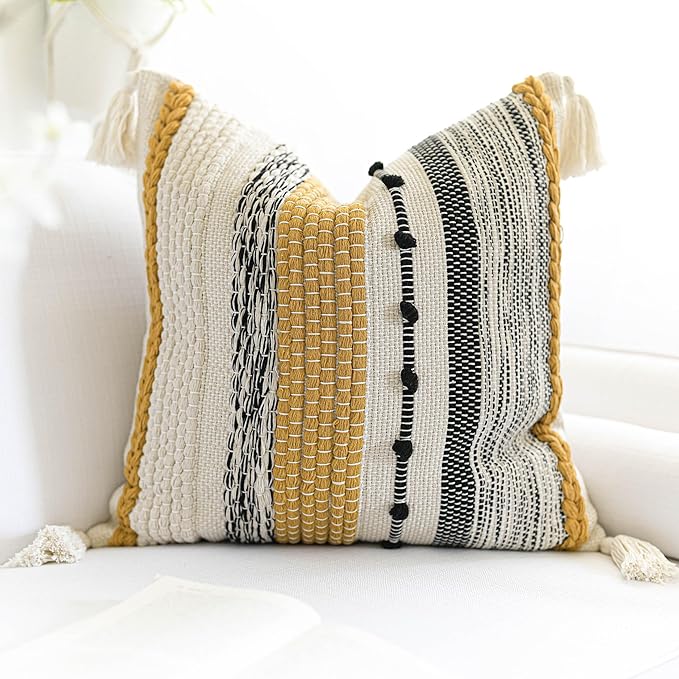 Fall Yellow Mustard Decorative Throw Pillow Cover 18x18 Square Boho Accent Pillowcase Tassels Farmhouse Cushion for Couch Sofa Bedroom Living Room Home Décor Cover ONLY