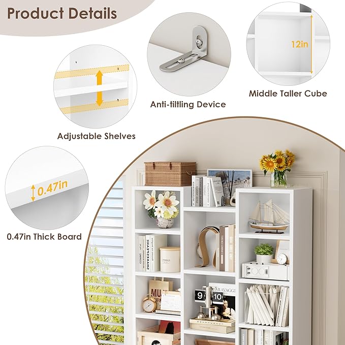 FOTOSOK 71’’White Bookshelf, Triple Wide Bookshelf with Adjustable Shelves, 8 Tier Media CD DVD Storage Tower Rack, Diaplay Cabinet Shelf, Tall Bookcase for Home Office, White