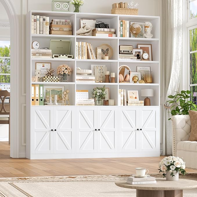 75" Triple Wide Bookshelf, White Bookshelf and Bookcase with 6 Farmhouse Doors, 71" Wide 6 Tier Book Shelf with 18 Storage Shelves, Large Wooden Bookshelf, Tall Bookcase for Office, White