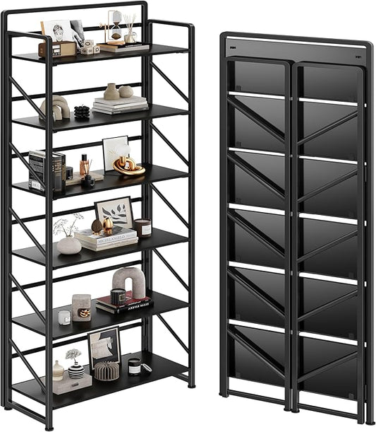 JSB No Assembly Folding Bookshelf, 6 Tier Industrial Metal Book Shelf for Storage, Vintage Wood Foldable Bookcase for Living Room, Bedroom, Office Organization Shelves