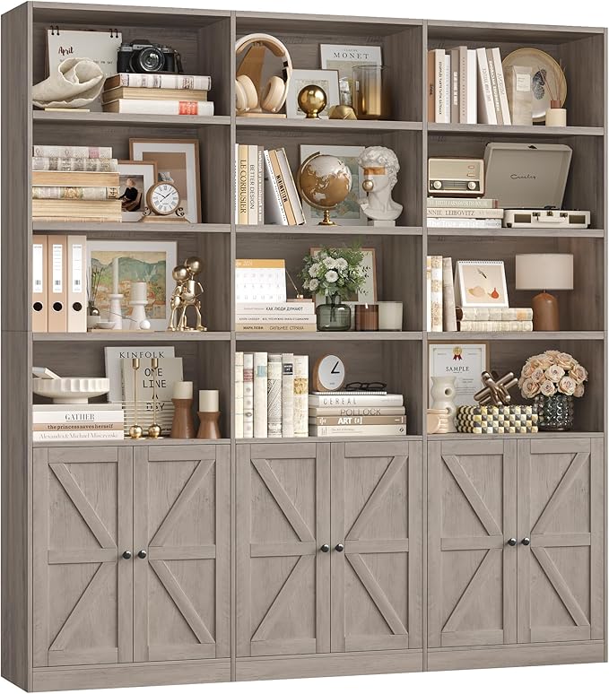 75" Triple Wide Bookshelf, Bookshelf and Bookcase with 6 Farmhouse Doors, 71" Wide 6 Tier Book Shelf with 18 Storage Shelves, Large Wooden Bookshelfs, Tall Bookcase for Home Office, Gray
