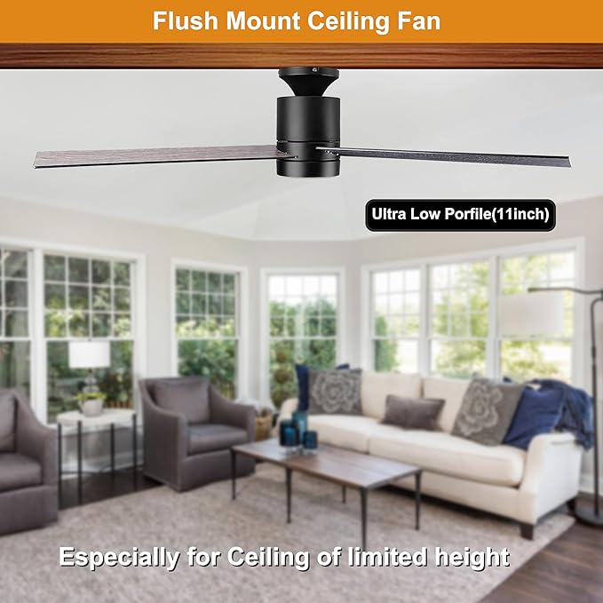 52'' Ceiling Fans with Lights Remote Control: Black Flush Mount Ceiling Fan for Bedroom - Quiet Low Profile Ceiling Fan 6 Speed ​​&amp; LED Light