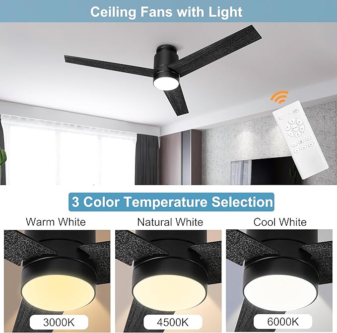 52'' Ceiling Fans with Lights Remote Control: Black Flush Mount Ceiling Fan for Bedroom - Quiet Low Profile Ceiling Fan 6 Speed ​​&amp; LED Light