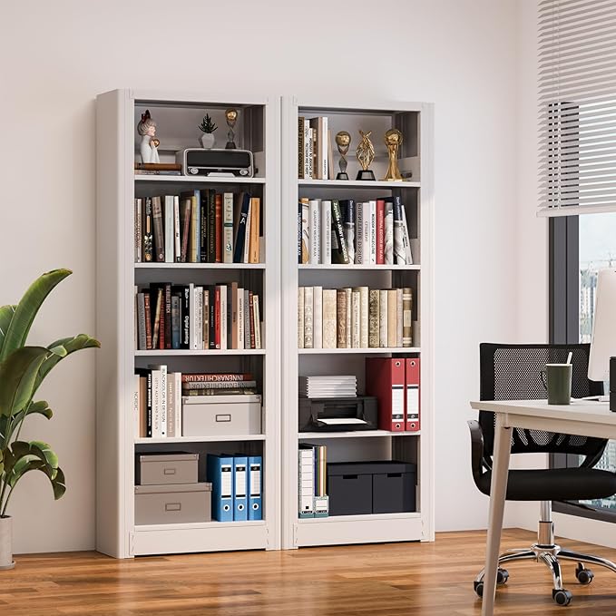 Book Shelf,5-Tier White Bookshelf, Office Bookcases and Bookshelves,Tall Metal Storage Organizer,Freestanding Bookshelf for Library,Living Room,Home Office (W:27.6")