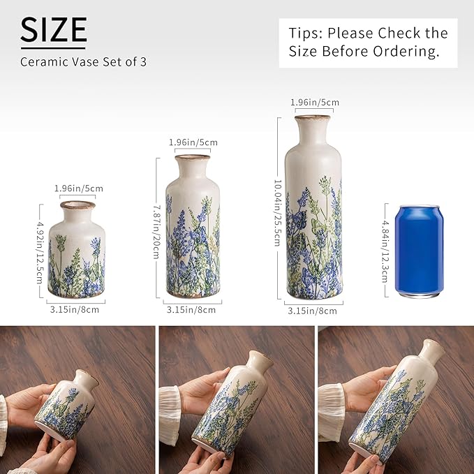 Ceramic Vase Set of 3, Vintage Blue Floral Beige Vases, Rustic Chinoiserie Decorative Vases for Wedding Decor, Wedding Gifts, Farmhouse Floral Vase for Home Decor, Living Room, Kitchen, Shelf Decor