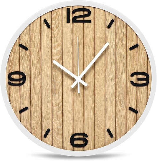 12 Inches Wooden Analog Wall Clock Battery Operated, Modern Silent Non-Ticking Decorative White Clocks for Office, Living Room, Bathroom, Kitchen, Bedroom