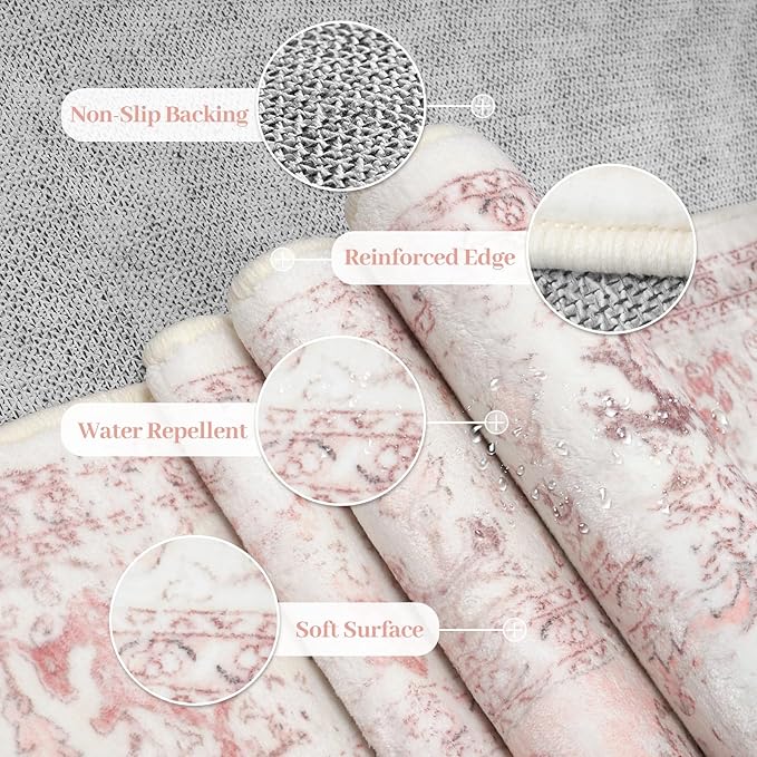 LIVEBOX Washable Runner 2x6 - Oriental Floral Kitchen Rug, Long Entryway, Low-Pile Vintage for Bedroom, Non-Skid Soft Carpet Throw for Bathroom Laundry Room Hallway Pink