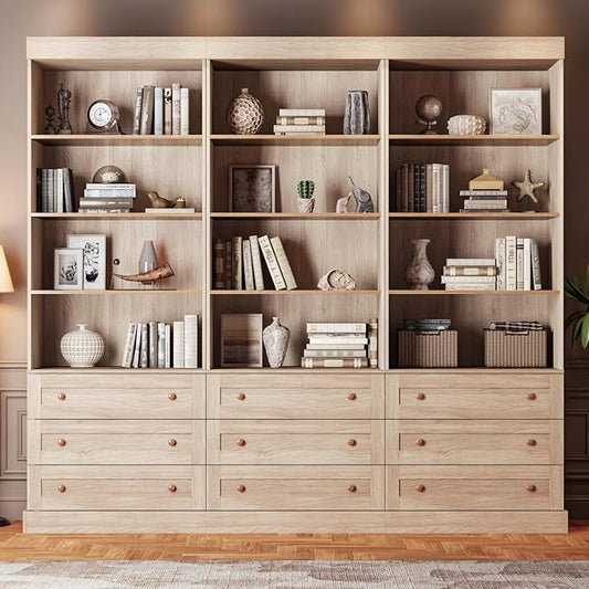 Vyre 71" Tall Farmhouse Kitchen Pantry, Set of 3 Large Storage Cabinets with 3 Drawers & Adjustable Shelves, Versatile Wood Hutch for Living Room & Dining Room, Brown