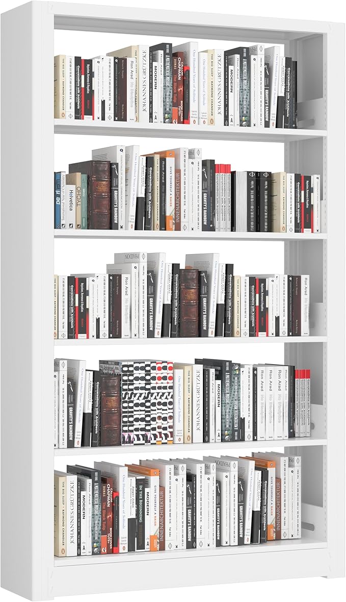 5-Tier Bookshelf, White Bookshelf with Adjustable Storage Shelves, Metal Bookshelf, 69" Tall Bookcase for Living Room, Library, Office, Bedroom, Including Book Stopper，36" Wide Bookshelf