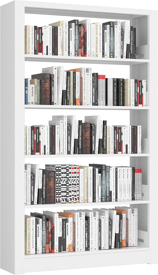 5-Tier Bookshelf, White Bookshelf with Adjustable Storage Shelves, Metal Bookshelf, 69" Tall Bookcase for Living Room, Library, Office, Bedroom, Including Book Stopper，36" Wide Bookshelf