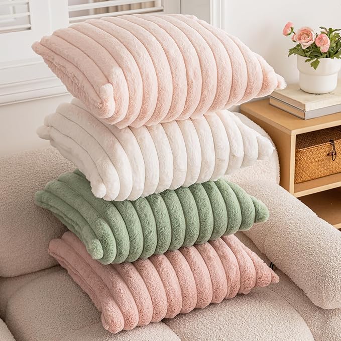 Double-Sided Faux Fur Plush Throw Pillow Covers 18x18 Set of 2 Fuzzy Striped Soft Cozy Pillowcase Luxury Decorative Pillows Square Shaggy Cushion Covers for Couch Sofa Bed,Cream White