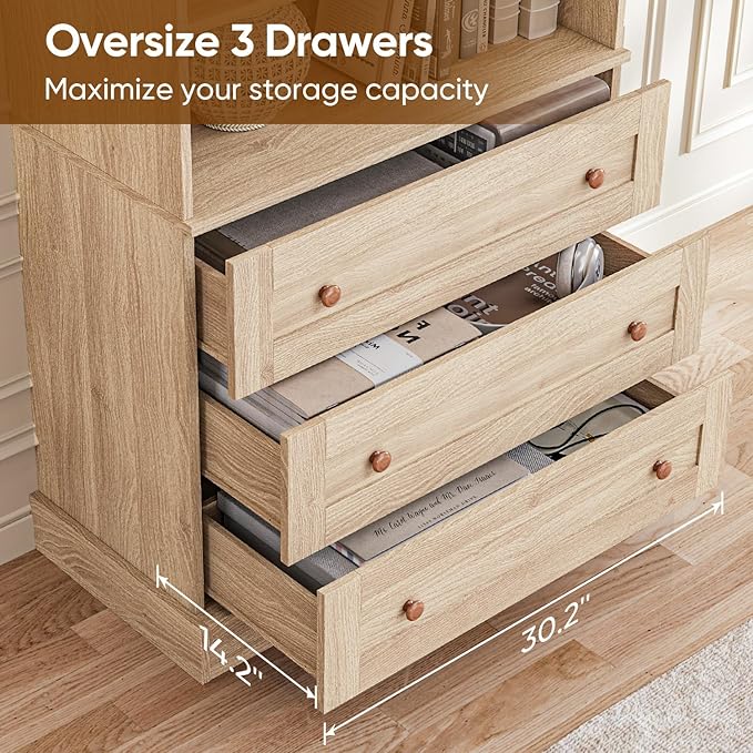 Vyre 71" Tall Farmhouse Kitchen Pantry, Set of 2 Large Storage Cabinets with 3 Drawers & Adjustable Shelves, Versatile Wood Hutch for Living Room & Dining Room, Brown