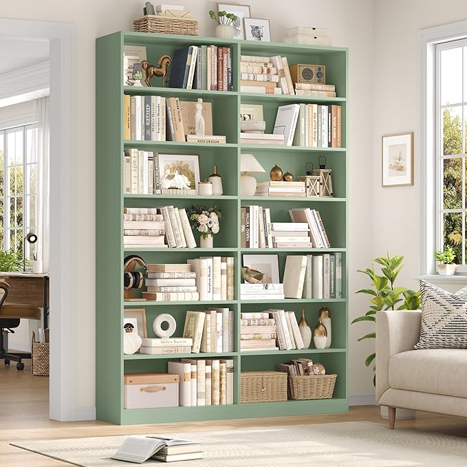 83.6" Tall Bookshelf and Bookcase, 7-Tier Extra Large Bookshelf with Double Storage, 14 Open Display Shelves for Home Office, Study and Living Room, Green