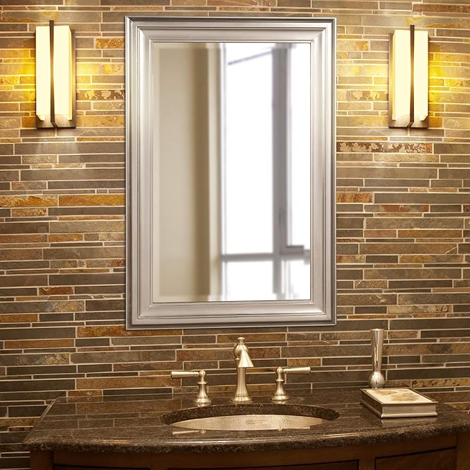 Howard Elliott George Rectangular Bright Silver Wall Mirror, Rectangle Hanging Wood Framed Vanity Mirrors for Home Decor, Living Room, Bathroom, Bedroom, or Hallway, 24 x 36 Inch
