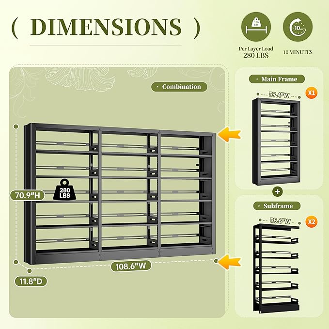 Bookshelf, 5-Tier Metal Sturdy Bookcase,71" H Tall Black Bookcase with Adjustable Shelves, Heavy Duty Storage Bookshelfs and Bookcases for Living Room, Library, Home Office(Black, 108.6" W)