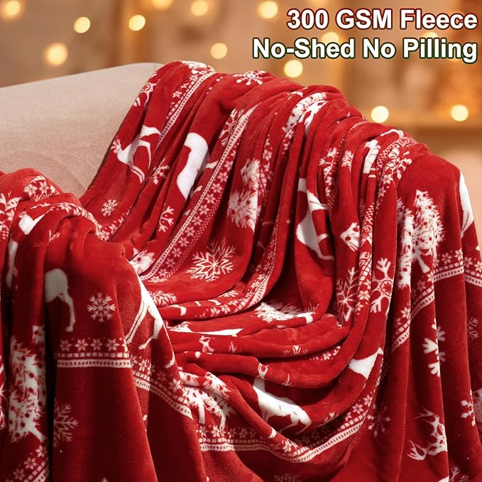 PHF Printed Fleece Throw Blanket, No Shed No Pilling Ultra Soft Plush Cozy Xmas Prints Theme Home Décor Flannel Blanket for Bed, Sofa, Couch and Gift, 50" x 60", Reindeer and Trees, Red