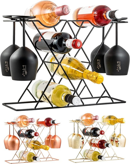 Gusto Nostro Small Wine Racks Countertop Storage for 8 Bottles &amp; 4 Glasses - Countertop Wine Rack with Glass Holder, Modern Tabletop Black Wine Rack, Wine Holder Stand for Kitchen Cabinet Wine Cellar
