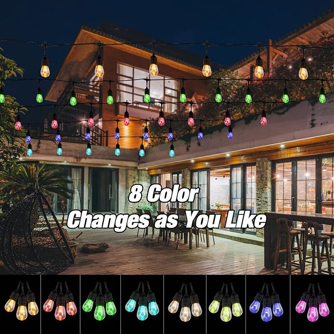 48FT RGB Outdoor String Lights, 15 Shatterproof Edison LED Bulbs, Waterproof Color Changing Patio Lights with Remote. Dimmable Decorative Lighting for Backyard, Camping.