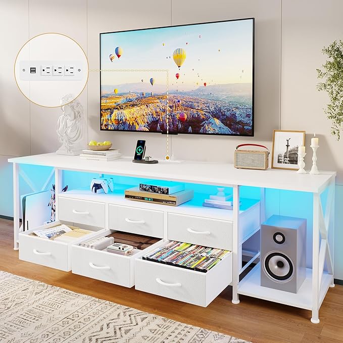 BTHFST TV Stand with LED Lights & Power Outlets, for TVs up to 80 Inches, 6 Fabric Drawers Entertainment Center with Open Storage Shelves, 63" TV Media Console Table for Living Room, Bedroom, White