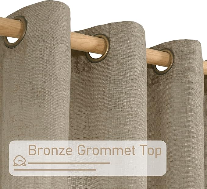 LAMIT Semi Sheer Linen Curtains 45 Inches Long, Light Filtering Panels Bronze Grommet Country Decor Drapes for Bedroom/Window/Farmhouse, Taupe, 2 Panels, 52 x 45 Inch