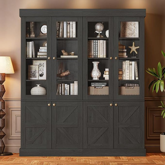 Vyre 71" Tall Farmhouse Kitchen Pantry, Set of 2 Large Storage Cabinets with Glass Doors, Adjustable Shelves, Wood Versatile Hutch Cabinet for Living Room, Dining Room, Black