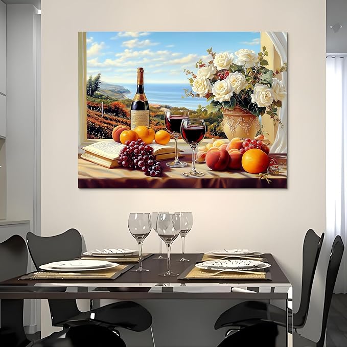 superbpag - Kitchen Still Life Canvas Wall Art, Fruit Grapes Wine Bottles Food Dining Room Wall Art, Contemporary Kitchen Vintage Canvas Print Oil for Living Room Home Decor 24x18 Inch