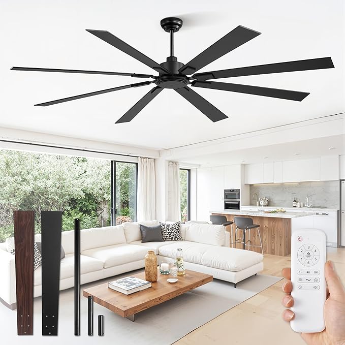 ZMISHIBO 80 Inch Ceiling Fan No Light with Remote Control, 8 Blades Quiet DC Reversible Motor, 6-Speed, Timer, Black Finish, Indoor Outdoor Ceiling Fans for Patios, Living Room, Garage