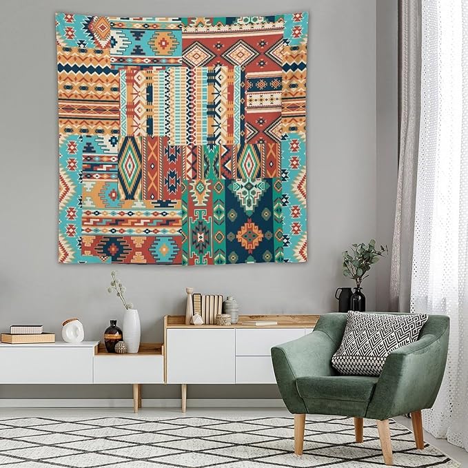 Kurtect Aztec Tapestry,Southwestern Tribal Native American Vintage Abstract Pattern Tapestries for Party Beach Picnic Blankets Tablecloths Living Room Wall Deocr, 60x60 in