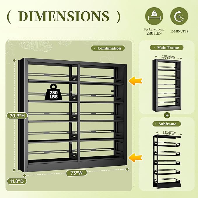 Bookshelf, 5-Tier Metal Sturdy Bookcase,71" H Tall Black Bookcase with Adjustable Shelves, Heavy Duty Storage Bookshelves and Bookcases for Living Room, Library, Home Office(Black, 73" W)