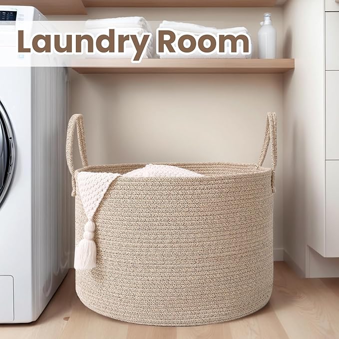 Woven Blanket Basket,65L Large Rope Storage Bin with Handles, Organizer for Blankets Toys Book and Clothes, Laundry Basket for Living Room Bedroom Nursery,Oatmeal