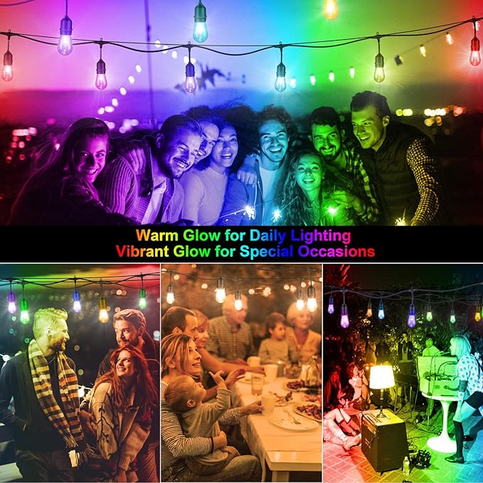 Mlambert 48FT Outdoor Patio Lights Waterproof Dimmable with Remote, RGB Cafe LED String Light with 15 Shatterproof Bulbs for Bistro Party-Black 1 Pack