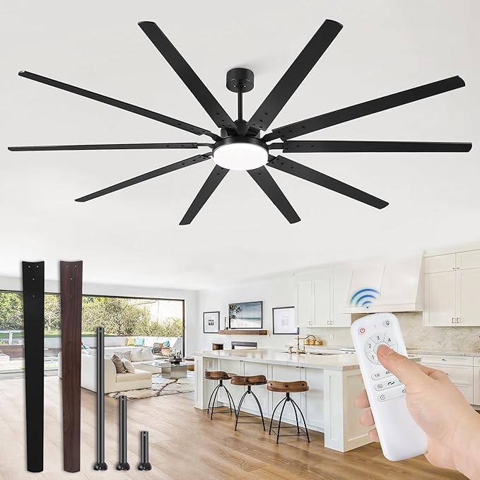 100 Inch Industrial Ceiling Fans with Lights, Large Ceiling Fan with Quiet DC Motor, 10 Reverisble Dual-Color Blades, 3CCT,6 Speeds,Black Commercial Indoor/Outdoor Ceiling Fans for Patios/Garage/Porch
