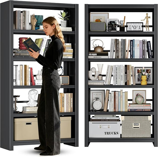 5 Tier Bookshelf, 69" Tall Bookcase, Metal Black Bookshelfs, Open Display Bookshelf for Bedroom, Living Room, Home Office, Easy Installation