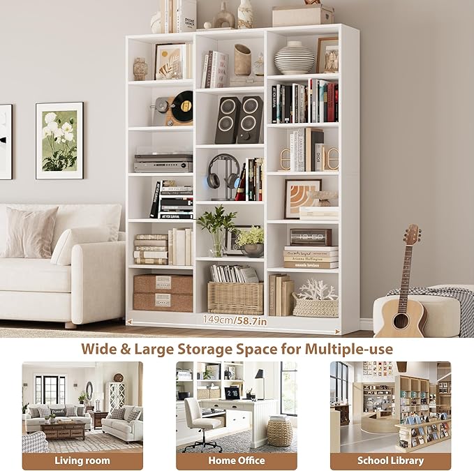 Triple Wide Bookshelf, 6 Tier Large Bookshelf, Bookcase with 17 Open Display Shelves, 74'' Tall Bookcases and Bookshelfs for Living Room, Home Office, Library, White