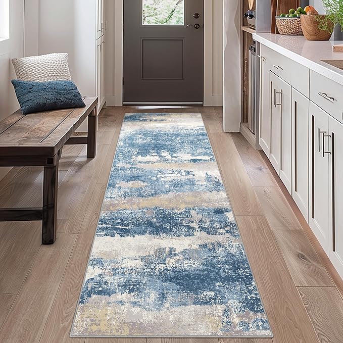 Runner Rug for Hallway Kitchen 2x7 Machine Washable Runners Rug for Entryway, Blue Cream Soft Modern Abstract Throw Rugs, Floor Carpet with Non Slip Rubber Backing