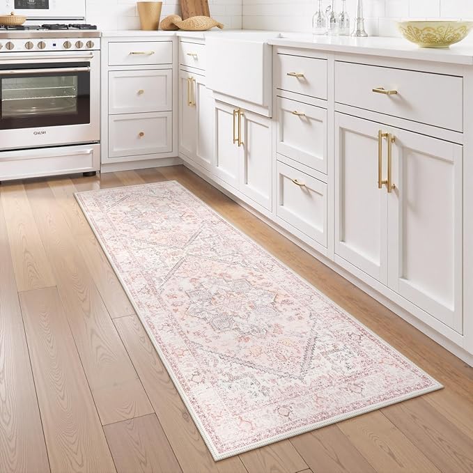 LIVEBOX Washable Runner 2x6 - Oriental Floral Kitchen Rug, Long Entryway, Low-Pile Vintage for Bedroom, Non-Skid Soft Carpet Throw for Bathroom Laundry Room Hallway Pink