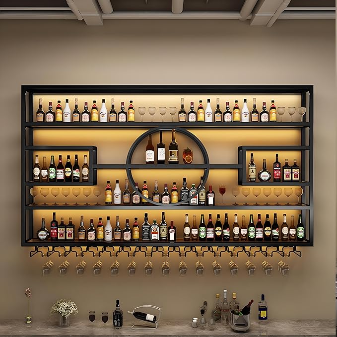 126in Large Wall Mounted Wine Rack, Modern Metal Wine Bottle and Glass Holder, 4-Tiers Liquor Bottles Floating Shelves Display Storage for Home Bar &amp; Dining Room Decorative (BLACK, 126 * 8 * 51INCH)
