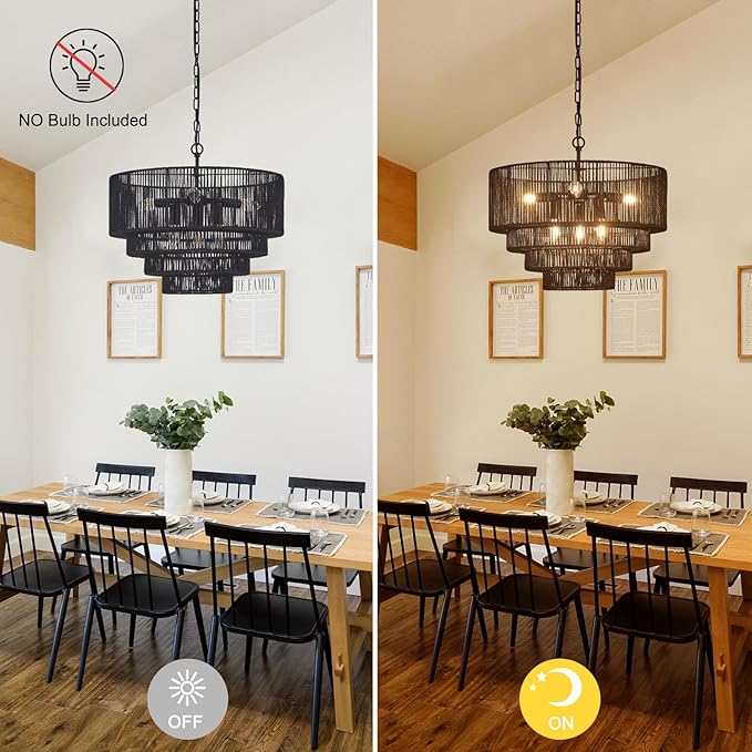 19.7" Hand-Woven Rattan Chandelier Vintage Farmhouse 6-Lights Boho Black Bamboo Chandeliers Light Fixture Retro Drum Wicker Rattan Chandelier for Dining Room, Kitchen Island, Bedroom, E12