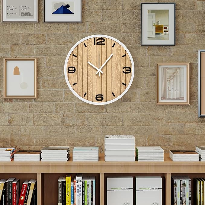 12 Inches Wooden Analog Wall Clock Battery Operated, Modern Silent Non-Ticking Decorative White Clocks for Office, Living Room, Bathroom, Kitchen, Bedroom