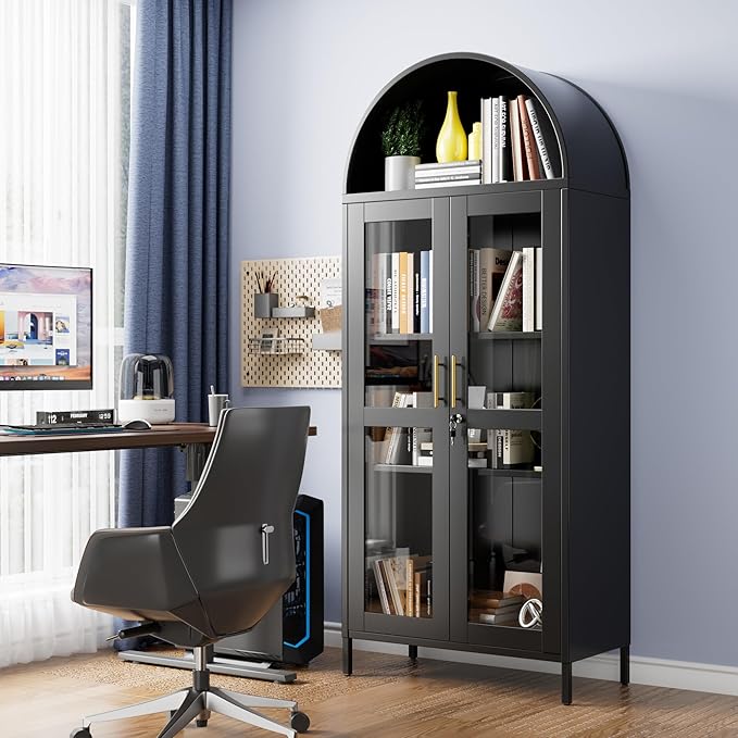 Metal Arched Cabinet with Lock, Arch Display Bookcase with Glass Doors/Shelves, Modern Freestanding Kitchen Pantry Storage Cabinet for Dining Room, Home, Office, Assembly Required (Black)