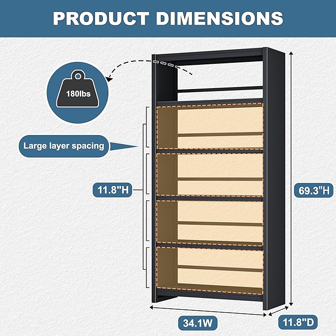 69" Metal Bookshelf,6 Tier Library Bookcase,Bedroom Bookshelves and Bookcases,Tall Book Case/Shelves for Living Room,Office,Black Large Bearing Book Shelf