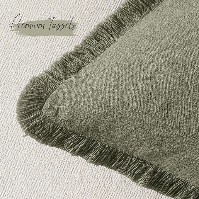 Woaboy Set of 2 Decorative Linen Fringe Throw Pillow Covers Boho Farmhouse Cushion Covers Accent Pillows with Tassels Christmas Home Decor for Livingroom Couch Sofa Bed,20x20 Inch,Light Olive Green