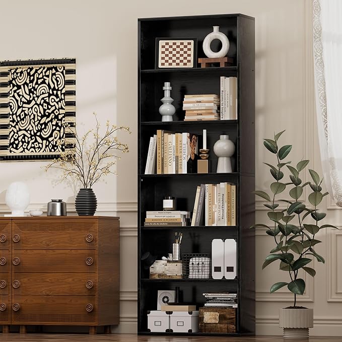 JAMFLY Open Bookshelf and Bookcase, 6 Shelf Storage Shelves Tall Bookcase for Bedroom, Living Room and Office, Black