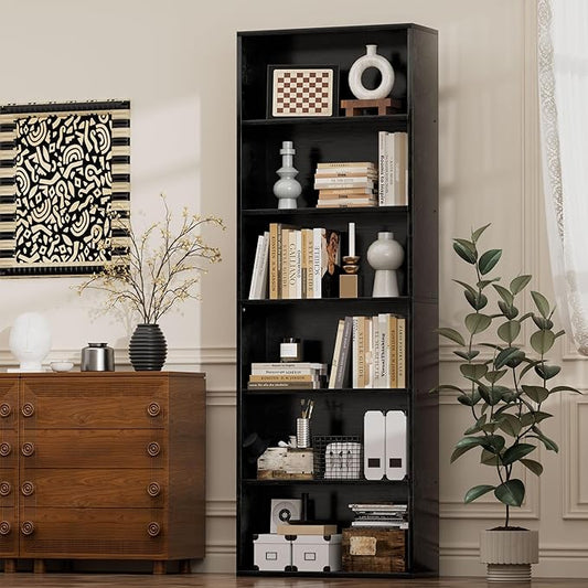 JAMFLY Open Bookshelf and Bookcase, 6 Shelf Storage Shelves Tall Bookcase for Bedroom, Living Room and Office, Black