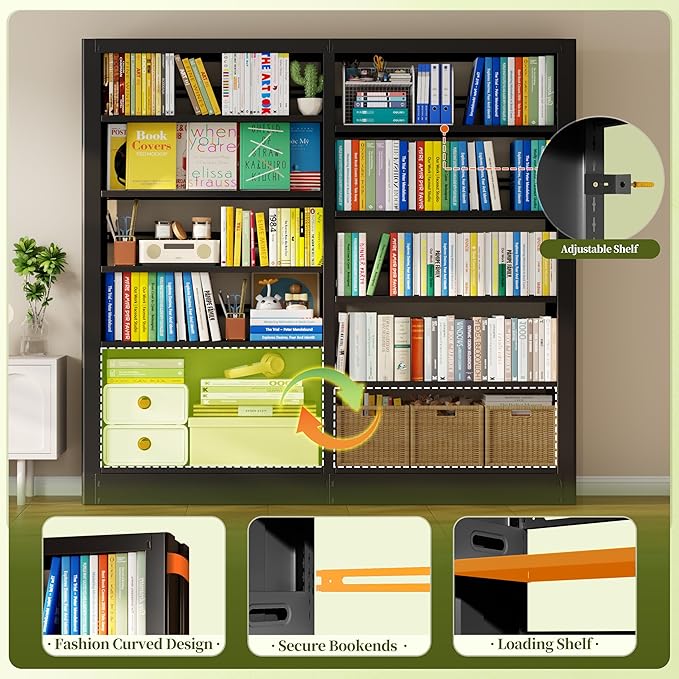 Bookshelf, 5-Tier Metal Sturdy Bookcase,71" H Tall Black Bookcase with Adjustable Shelves, Heavy Duty Storage Bookshelves and Bookcases for Living Room, Library, Home Office(Black, 73" W)