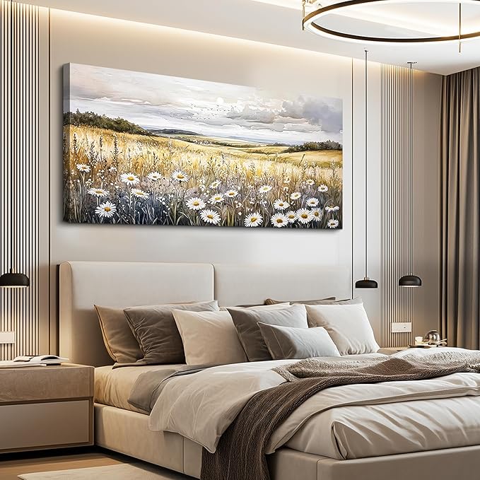 ZUITINGHUA Canvas Wall Art For Living Room Large Wall Decor For Office Bedroom Decoration White Flower Landscape Picture Grassland Painting Artwork Room Wall Mural Aesthetic Home Decor 30x60 In